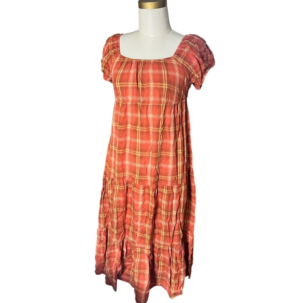 SO Womens Orange Plaid Tiered Midi Dress Square Neck Puff Sleeve Tie Back‎ Small